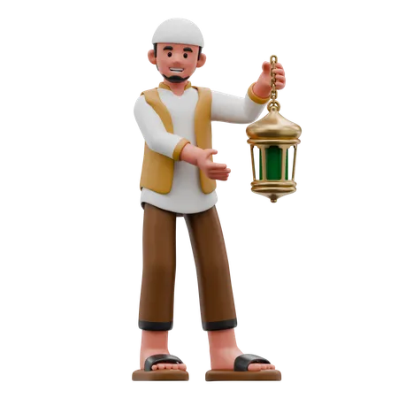 Hombre musulmán trae linterna  3D Illustration