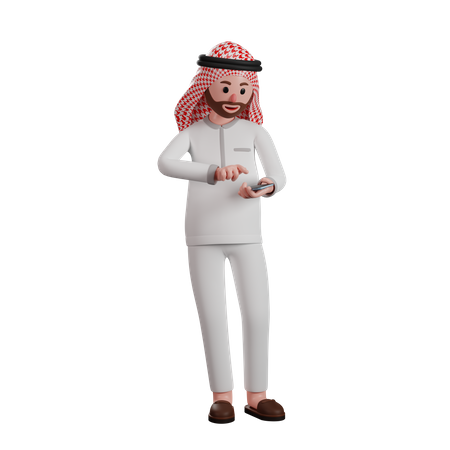 Hombre musulmán usando teléfono inteligente  3D Illustration