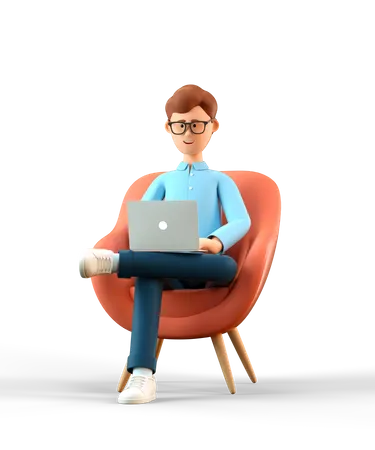 Ilustracion 3 D De Un Hombre Feliz Sonriente Con Una Computadora Portatil Sentada En Un Sillon Empresario De Dibujos Animados Trabajando En La Oficina Y Usando Redes Sociales 3D Illustration