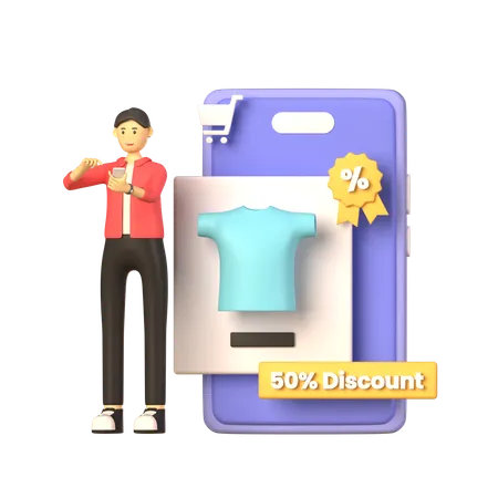 Hombre obteniendo descuento en compras  3D Illustration