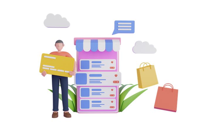 Hombre pagando con tarjeta para la lista de deseos de compras en línea  3D Icon