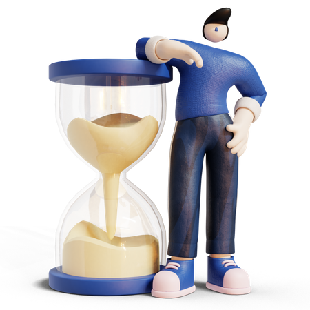 Hombre de pie detrás del reloj de arena  3D Illustration