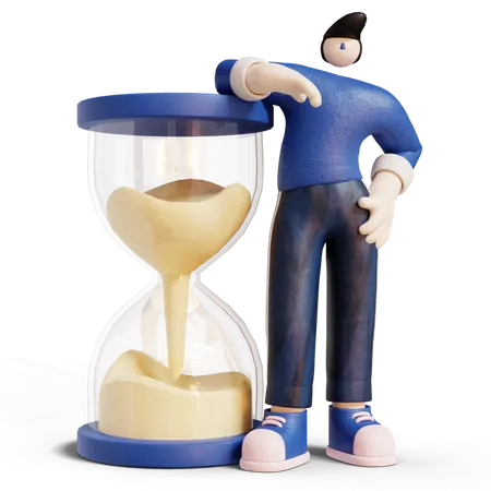 Hombre de pie detrás del reloj de arena  3D Illustration