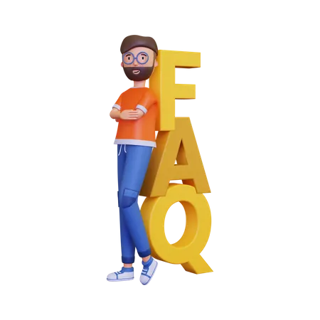 El Personaje Masculino 3 D Se Apoya En El Icono De Preguntas Frecuentes 3D Illustration