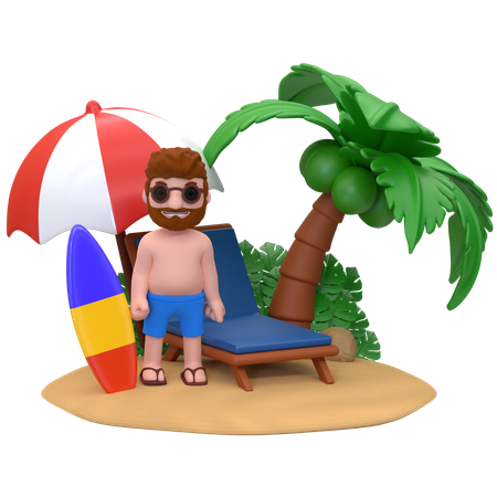 Hombre de pie junto a un sillón en la playa  3D Illustration