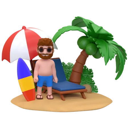 Hombre de pie junto a un sillón en la playa  3D Illustration