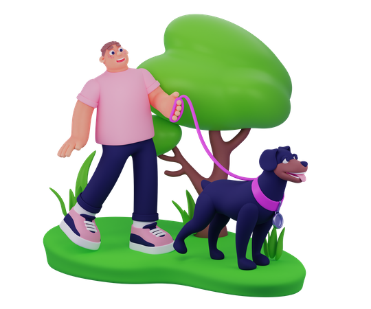 Hombre caminando con perro  3D Illustration