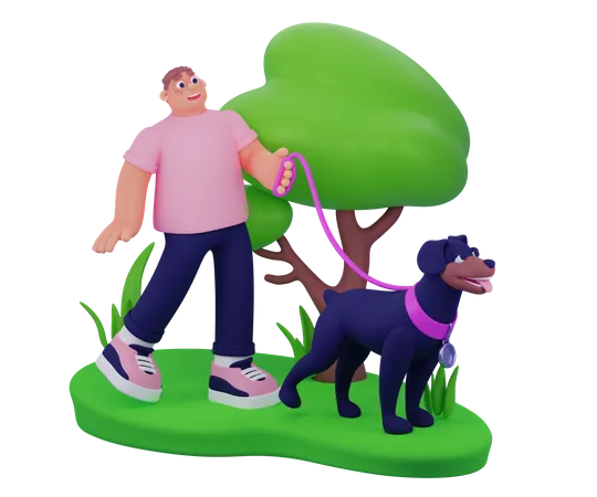 Hombre caminando con perro  3D Illustration