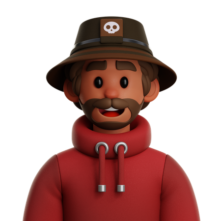 Hombre de pelo rizado con sombrero de pescador  3D Icon