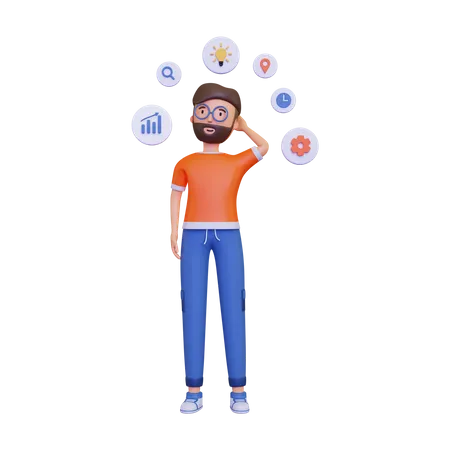 El Personaje Masculino 3 D Esta De Pie Mientras Muestra El Mapa Mental 3D Illustration