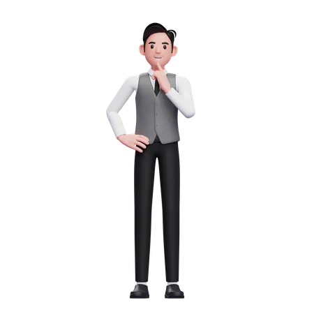 Hombre pensando pose de pie con la mano en la cintura vistiendo un chaleco gris de oficina  3D Illustration