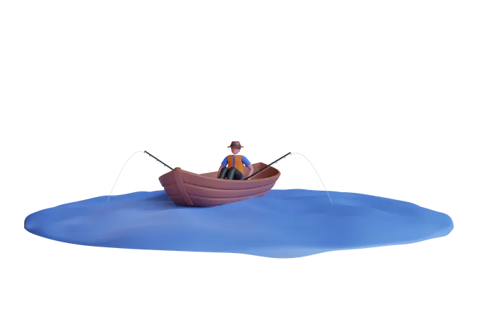 Ilustracion 3 D Del Hombre Pescando En El Barco Pescador En Bote Pequeno Hombre Con Sombrero Con Cana De Pescar En Barco Ilustracion 3 D 3D Illustration