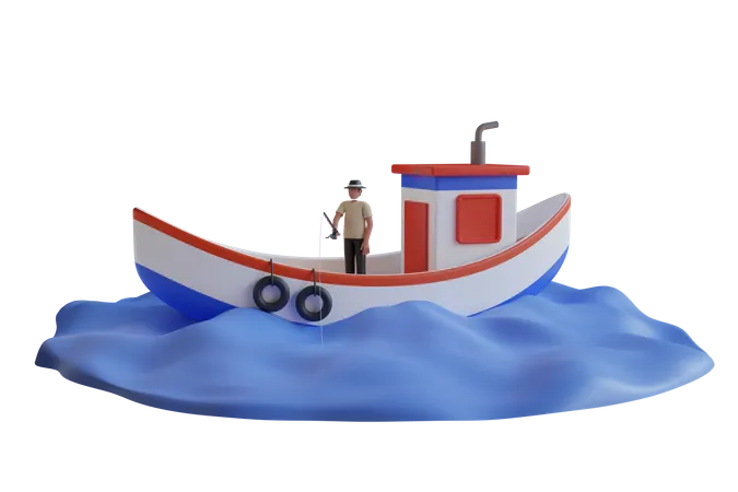 Hombre pescando en el barco  3D Illustration