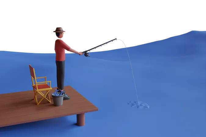 Ilustracion 3 D Del Hombre Pescando En El Lago El Hombre Esta Pescando En Un Estanque Con Una Cana De Pescar En Las Manos Pesca Naturaleza Soledad Hobby Concepto De Vacaciones 3D Illustration
