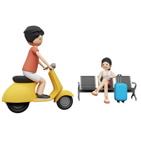 Hombre le pide a mujer que lo lleve en scooter  3D Illustration