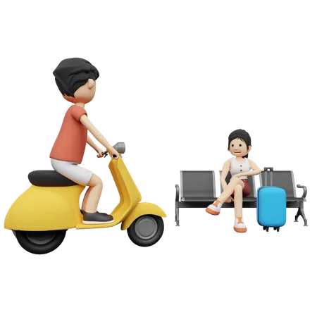 Hombre le pide a mujer que lo lleve en scooter  3D Illustration