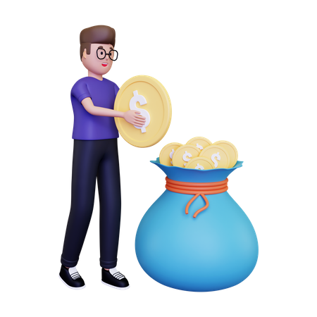 Hombre poniendo dinero en bolsa  3D Illustration