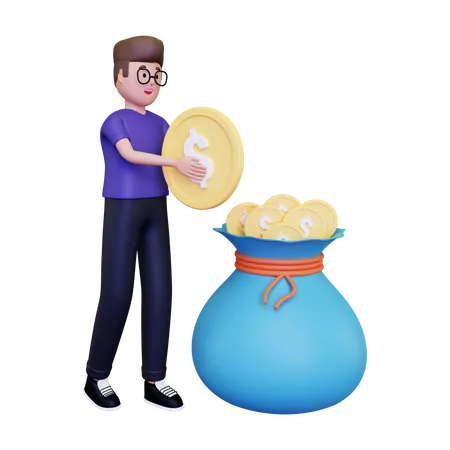 Hombre poniendo dinero en bolsa  3D Illustration