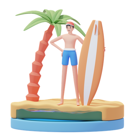 El hombre se prepara para surfear  3D Illustration