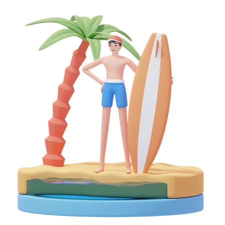 El hombre se prepara para surfear  3D Illustration