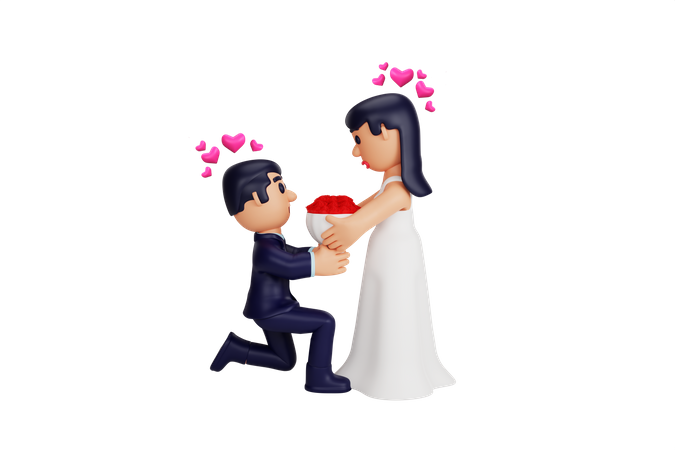 Hombre le propone matrimonio a una chica con un ramo de flores  3D Illustration