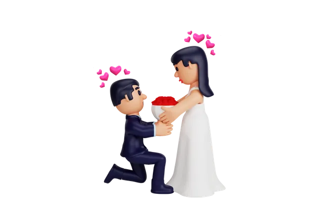 Hombre le propone matrimonio a una chica con un ramo de flores  3D Illustration