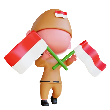 Hombre que llevaba la bandera de indonesia  3D Illustration