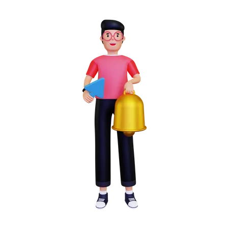Hombre llevando punteros y campana.  3D Illustration