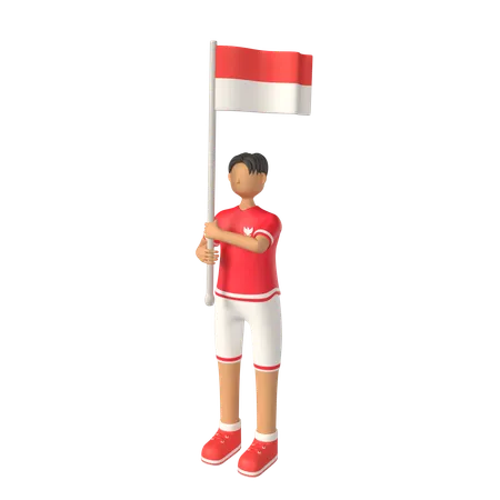 Hombre que llevaba una gran bandera de Indonesia  3D Illustration