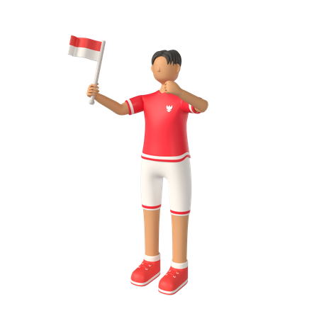 Hombre que llevaba una pequeña bandera de Indonesia  3D Illustration