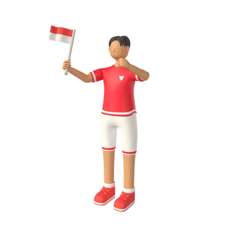 Hombre que llevaba una pequeña bandera de Indonesia  3D Illustration