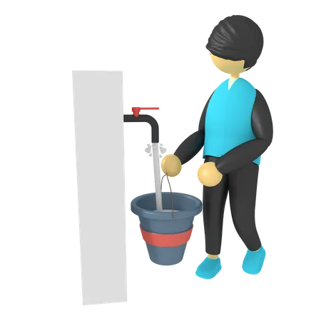 El hombre recoge agua en un balde  3D Illustration