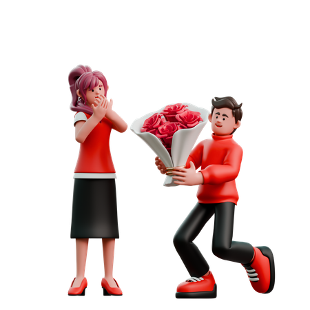 Hombre regalando ramo de rosas a mujer  3D Illustration