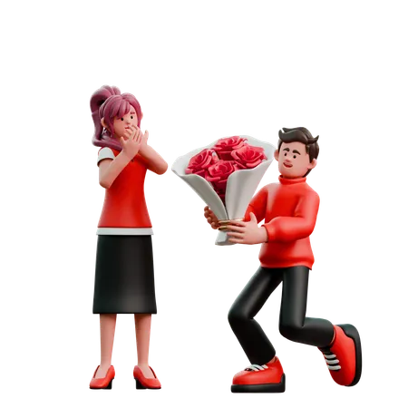 Hombre regalando ramo de rosas a mujer  3D Illustration