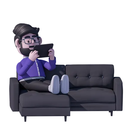 Hombre, relajación, en, sofá, y, mirar, tableta  3D Icon