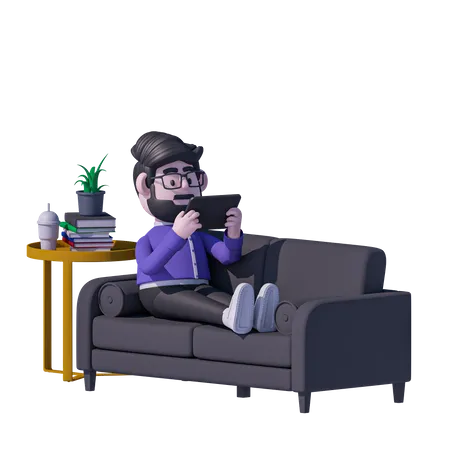 Hombre, relajación, en, sofá, y, mirar, tableta  3D Icon