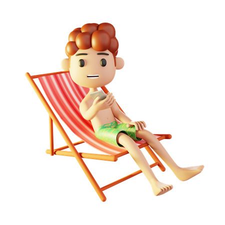 Hombre relajándose en la playa jugando con el teléfono inteligente  3D Illustration