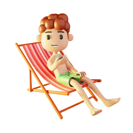 Hombre relajándose en la playa jugando con el teléfono inteligente  3D Illustration
