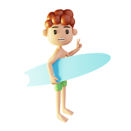 Hombre relajándose en la playa jugando surf  3D Illustration