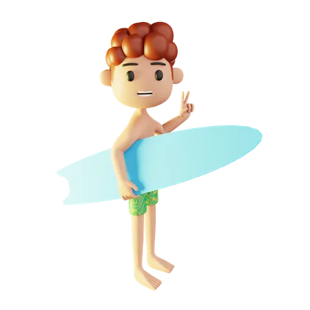 Hombre relajándose en la playa jugando surf  3D Illustration