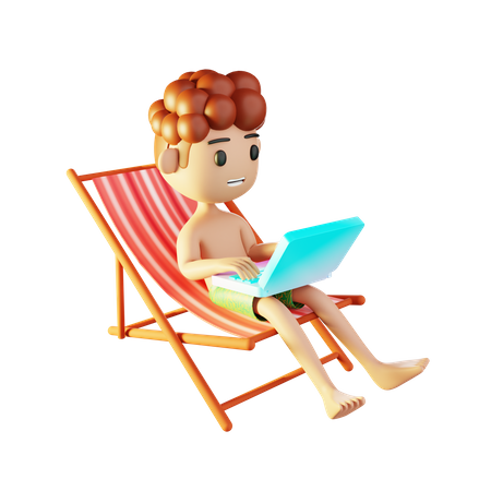 Hombre relajándose en la playa y trabajando con computadora portátil  3D Illustration
