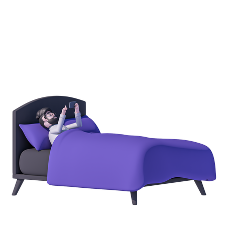 El hombre se relaja en la cama y mira el móvil antes de dormir  3D Icon