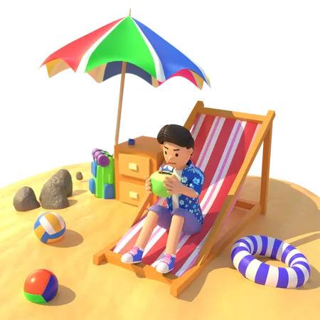 El hombre se relaja en la playa  3D Illustration