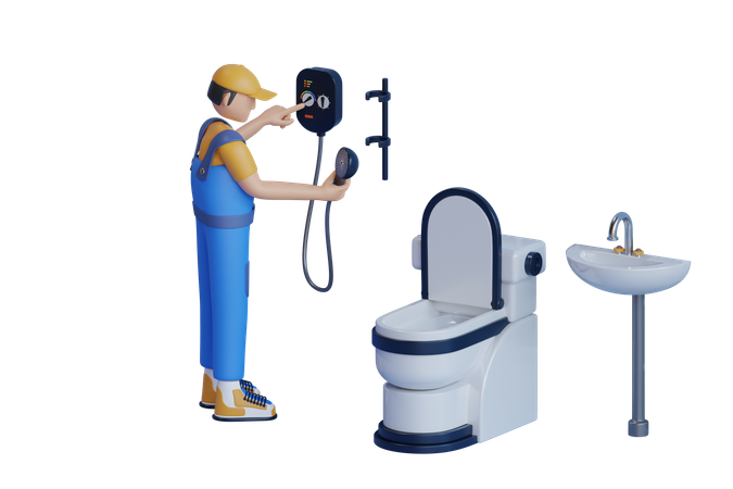 Hombre reparando y reemplazando el grifo de la ducha en el baño  3D Illustration