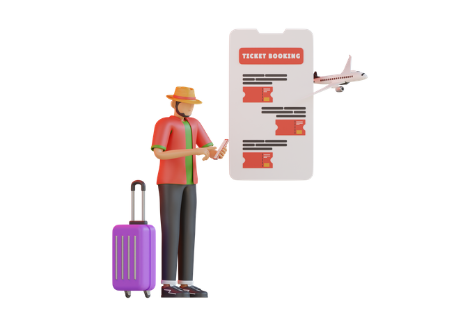 Hombre reservando boleto de viaje en línea  3D Illustration