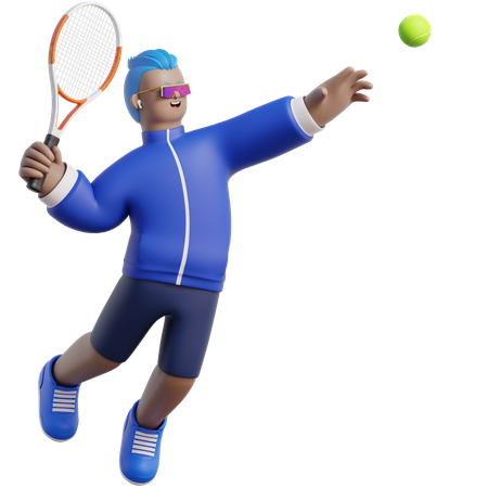 El hombre salta con una raqueta de tenis.  3D Illustration