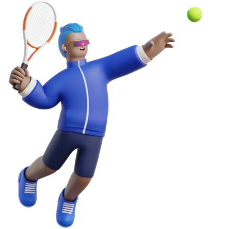 El hombre salta con una raqueta de tenis.  3D Illustration