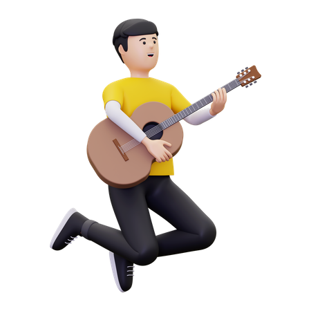 Hombre salta mientras lleva una guitarra  3D Illustration