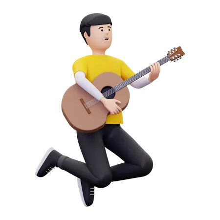 Hombre salta mientras lleva una guitarra  3D Illustration