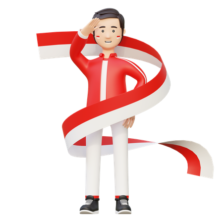 Hombre saludando la bandera de indonesia  3D Illustration